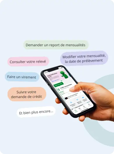<div class="sr-only">     <ul>         <li>Demander un report de mensualités</li>         <li>Modifier votre mensualité, la date de prélévement</li>         <li>Consulter votre relevé</li>         <li>Faire un virement</li>         <li>Suivre votre demande de crédit</li>         <li>Et bien plus encore...</li>     </ul>     <p>Télécharger dans l'App Store</p>     <p>Disponible sur Google Play</p>     <p>Téléchargez l'Application en scannant le QR code</p> </div>